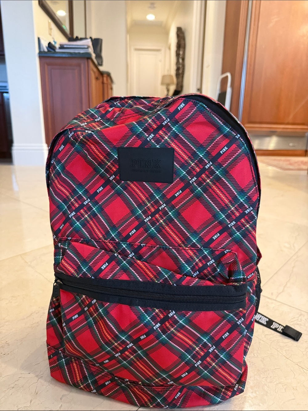 PINK Victoria's Secret Red Tartan Plaid Backpack with Black Trim NEW WITHOUT TAG